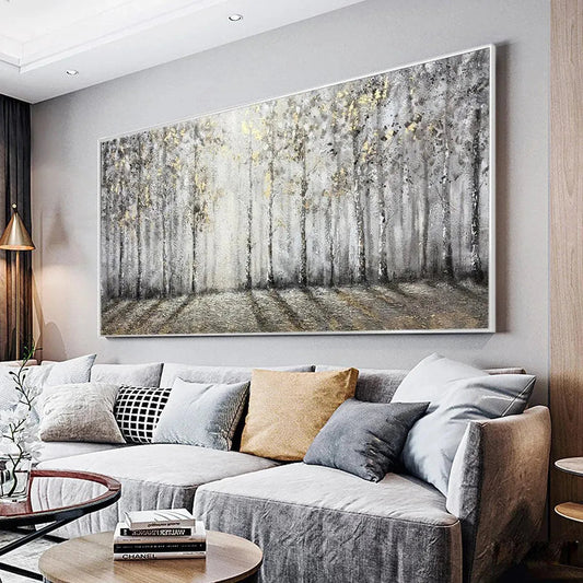Golden Birchwood hand-painted gold and ivory textured forest landscape painting shown as stretched canvas