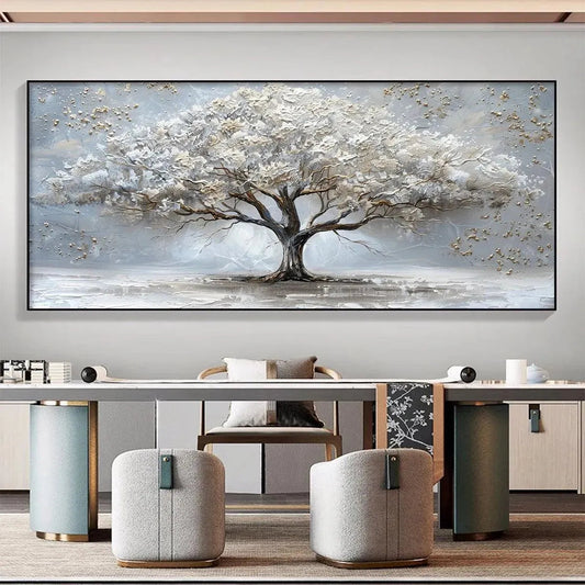 Silver Lining hand-painted white, soft grey and gold textured tree painting shown as stretched canvas