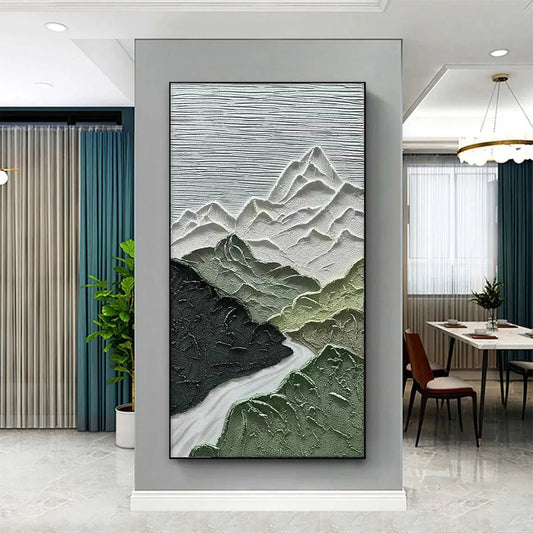 Jade Peak hand-painted white and green textured mountain river landscape painting shown as stretched canvas