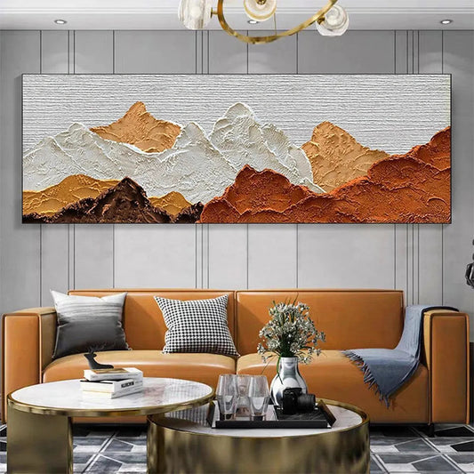 Mountain Peaks hand-painted white and earth brown textured mountain landscape painting shown as stretched canvas