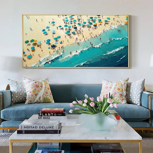Summer Afternoon hand-painted turquoise and ivory textured beach scene painting shown as stretched canvas