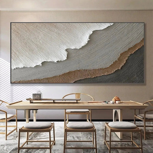 Earth Tones hand-painted white, beige, soft grey and earth brown textured coastal landscape painting shown as stretched canvas
