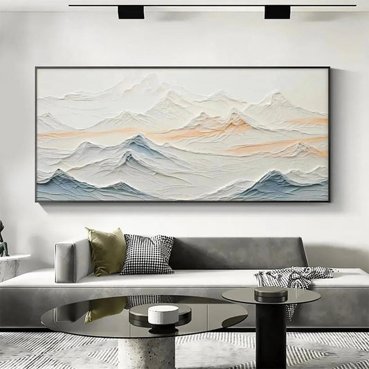 Tranquil Peaks hand-painted beige, ocean blue and orange textured abstract mountain painting shown as stretched canvas