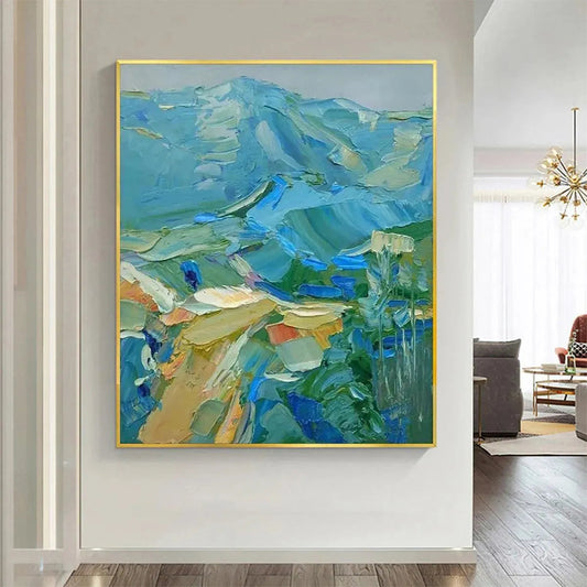 Blue Ridge Mountains hand-painted ocean blue and ivory textured mountain landscape painting shown as stretched canvas