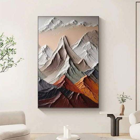 Majestic Peaks hand-painted slate blue, ivory and soft grey textured mountain landscape painting shown as stretched canvas