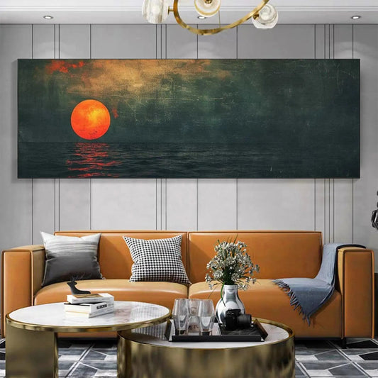 Blood Moon hand-painted ocean blue, ivory and soft neutral tones textured sunset seascape painting shown as stretched canvas