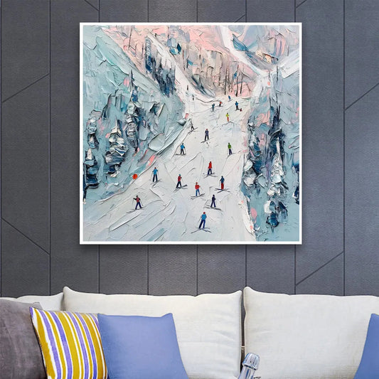 Slope Life hand-painted white, soft grey and slate blue textured skiing mountain painting shown as stretched canvas