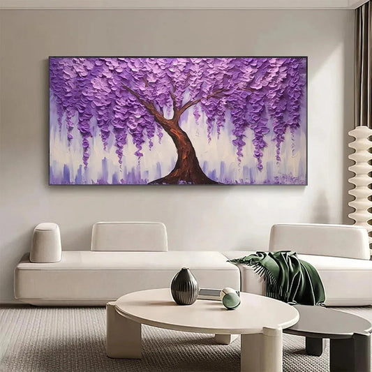 Purple Wisteria hand-painted violet and ivory textured blossom tree painting shown as stretched canvas