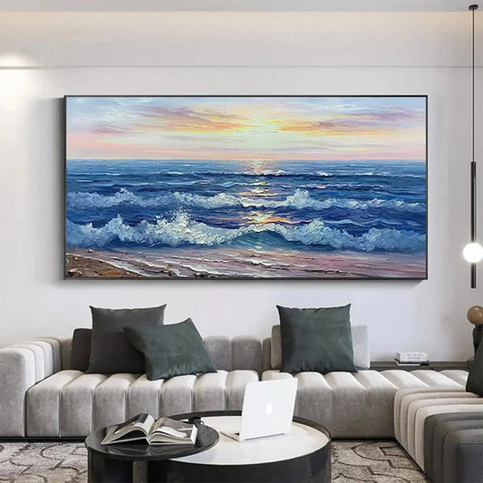Golden Sunset Serenade hand-painted gold and ivory textured sunset seascape painting shown as stretched canvas