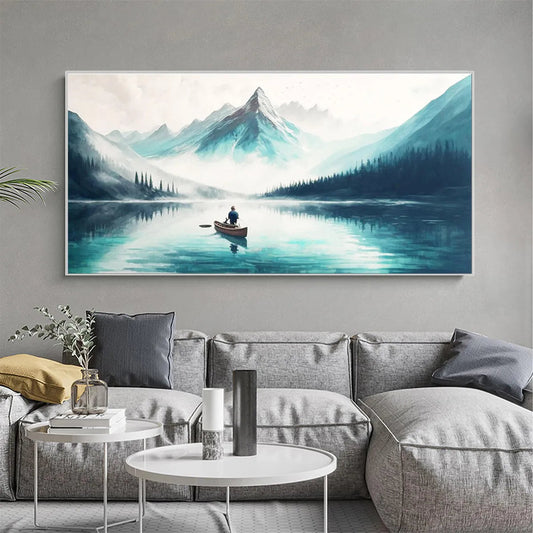 Solitude's Embrace hand-painted slate blue, ivory and soft grey textured mountain lake painting shown as stretched canvas