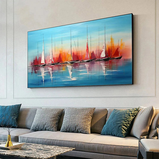 Harbor Sunset hand-painted ocean blue, ivory and soft neutral tones textured sailboat seascape painting shown as stretched canvas