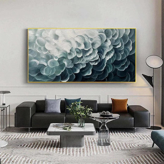 Mediterranean Breeze hand-painted white and teal textured coastal abstract painting shown as stretched canvas