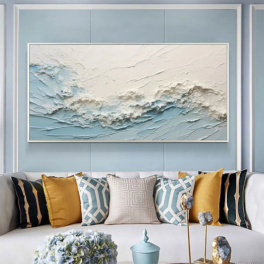 Serene Seascape hand-painted white, beige and ocean blue textured coastal abstract painting shown as stretched canvas