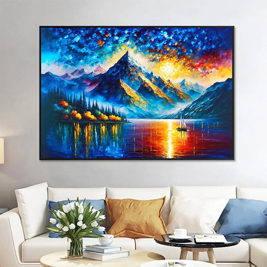 Majestic Sunrise hand-painted crimson, golden yellow, turquoise and violet textured mountain lake painting shown as stretched canvas