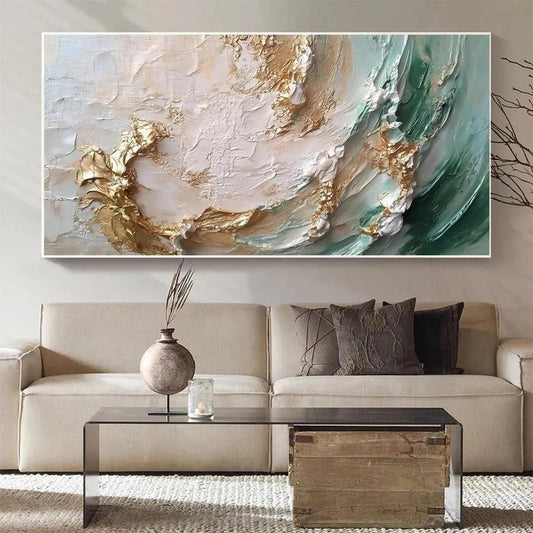 Jade Aurora hand-painted white, green and gold textured coastal abstract painting shown as stretched canvas