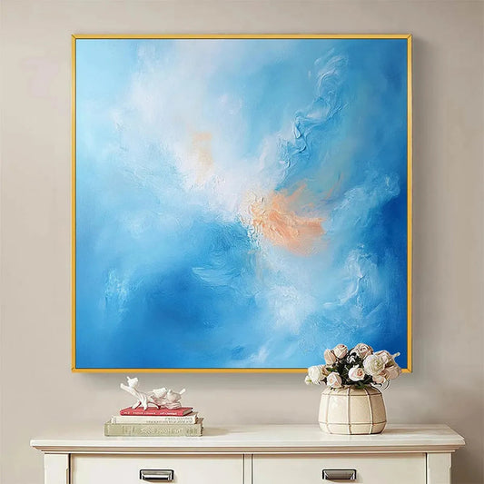 Skyscape Serenity hand-painted ocean blue and peach textured coastal abstract painting shown as stretched canvas
