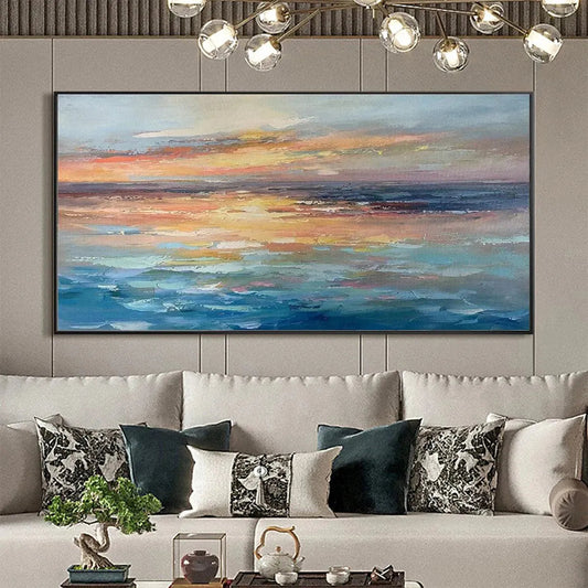 Serene Sunset hand-painted ocean blue, ivory and soft neutral tones textured sunset seascape painting shown as stretched canvas