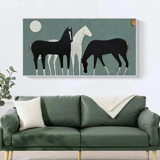 Three Horses Under The Moon – Minimalist Moon Oil Painting, view 2