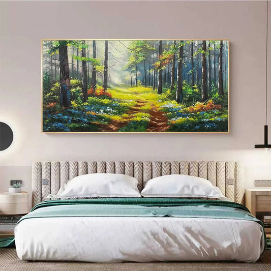 Forest Path hand-painted green and ivory textured forest path painting shown as stretched canvas