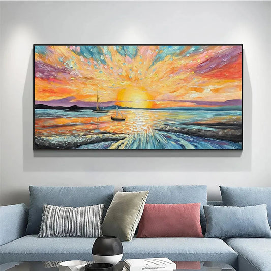 Sailing At Sunset hand-painted ocean blue, ivory and soft neutral tones textured sailboat seascape painting shown as stretched canvas