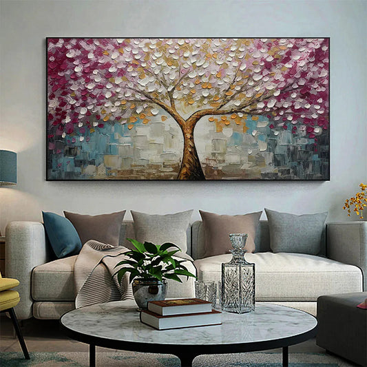 Cherry Blossom Dream hand-painted gold and pink textured blossom tree painting shown as stretched canvas
