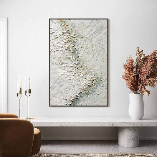 Aegean Foam hand-painted white, ocean blue and gold textured coastal landscape painting shown as stretched canvas