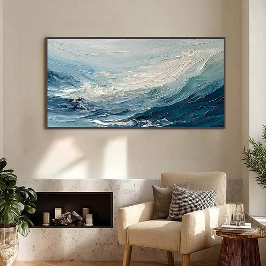 Aegean Surge hand-painted ocean blue, ivory and soft neutral tones textured ocean wave painting shown as stretched canvas