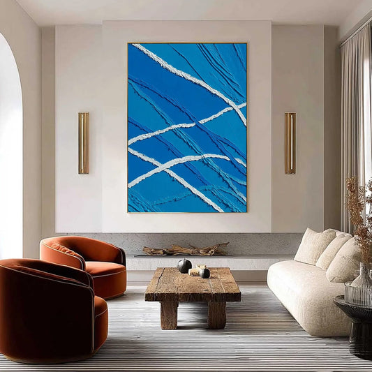 Aegean Tides hand-painted white and ocean blue textured ocean wave painting shown as stretched canvas