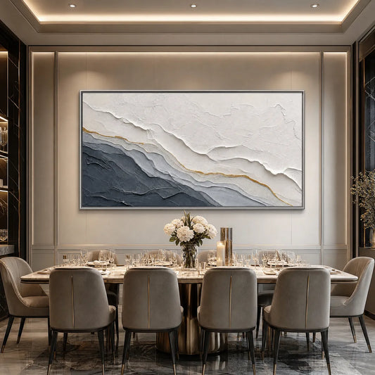 Aeon hand-painted white, soft grey, charcoal and gold textured coastal landscape painting shown as stretched canvas