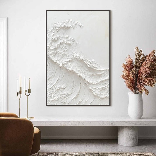 Alabaster Swell hand-painted white and soft beige textured ocean wave painting shown as stretched canvas