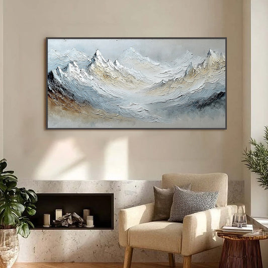 Alpine Crest hand-painted slate blue, ivory and soft grey textured abstract mountain painting shown as stretched canvas