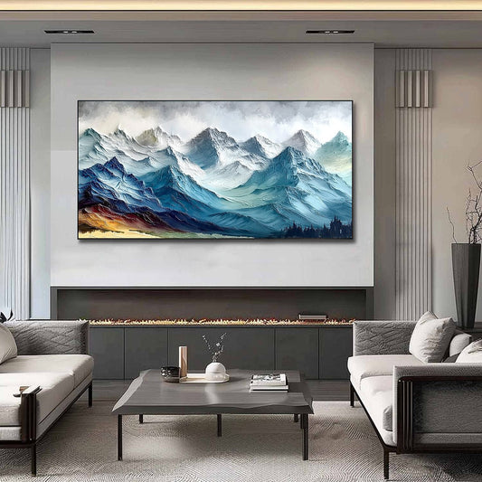 Alpine Crest hand-painted white, soft grey and slate blue textured mountain landscape painting shown as stretched canvas