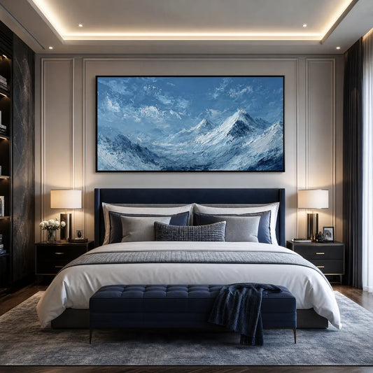 Alpine Echo hand-painted ocean blue and ivory textured mountain landscape painting shown as stretched canvas