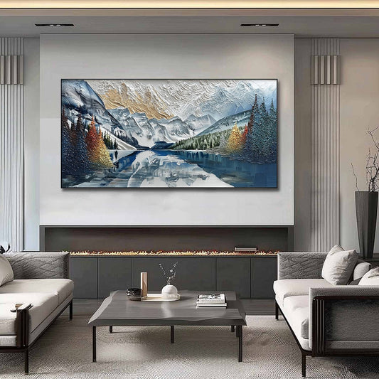 Alpine Glow hand-painted gold and ivory textured mountain lake painting shown as stretched canvas