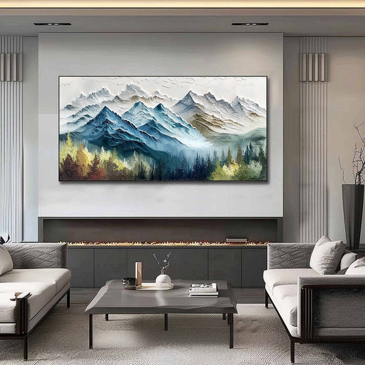 Alpine Majesty hand-painted green and gold textured mountain valley painting shown as stretched canvas