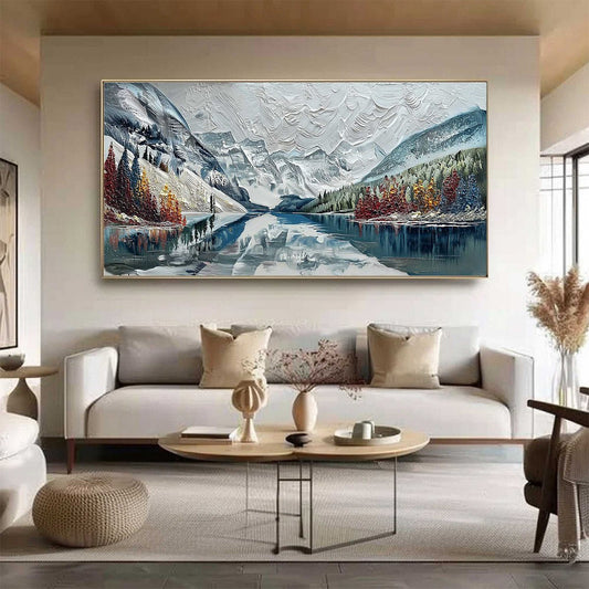 Alpine Reflection hand-painted ocean blue and ivory textured mountain lake painting shown as stretched canvas