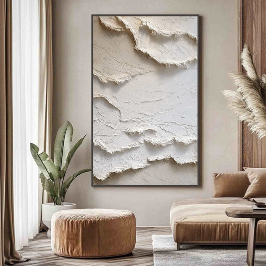 Alpine Whispers hand-painted cream and white textured coastal landscape painting shown as stretched canvas