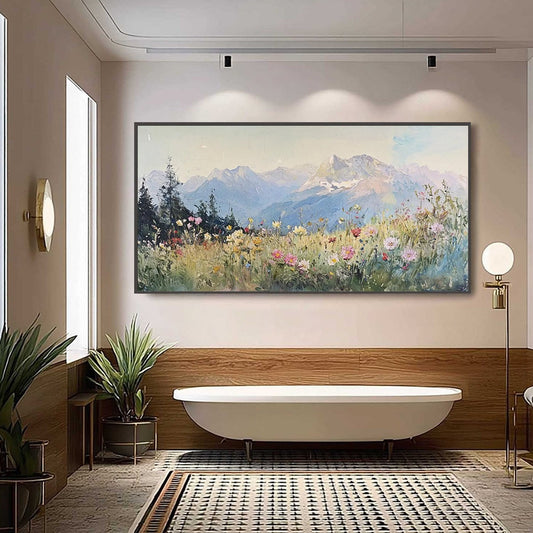 Alpine Serenity hand-painted white, soft grey and slate blue textured mountain meadow painting shown as stretched canvas