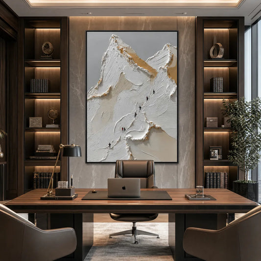 Apex hand-painted white, beige and gold textured mountain climbing painting shown as stretched canvas