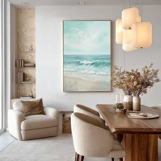Aqua Horizon hand-painted sand and aqua blue textured seascape painting shown as stretched canvas