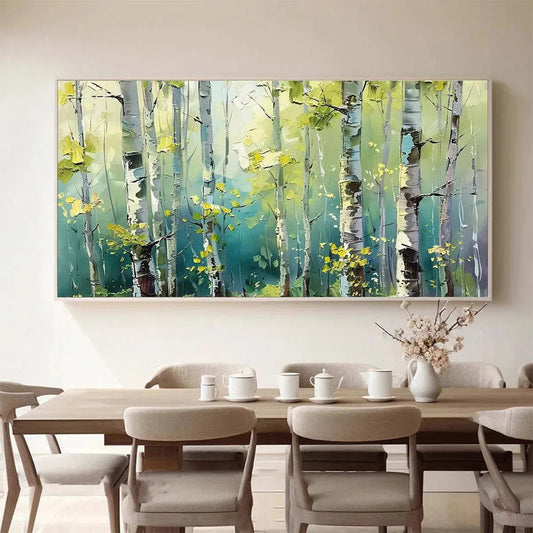 Aspen Grove hand-painted green and yellow textured forest landscape painting shown as stretched canvas