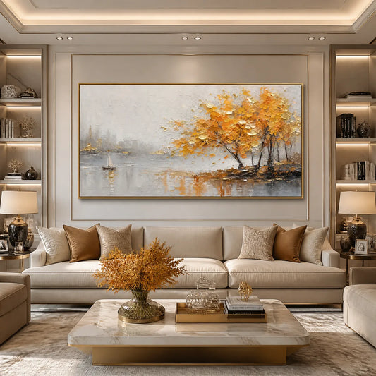 Autumn Lake Tree hand-painted gold and ivory textured tree painting