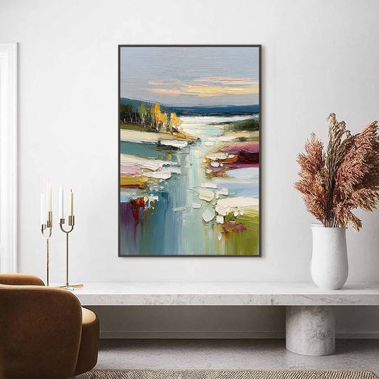 Autumn Reflections hand-painted ocean blue, ivory and soft neutral tones textured coastal landscape painting shown as stretched canvas