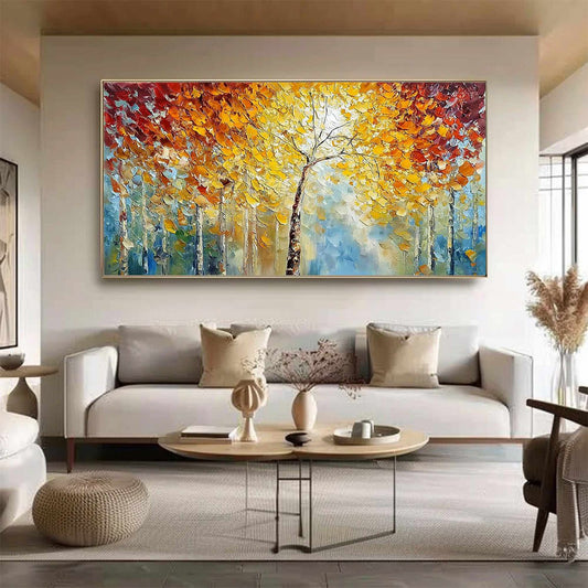 Autumn's Embrace hand-painted gold and ivory textured forest landscape painting shown as stretched canvas