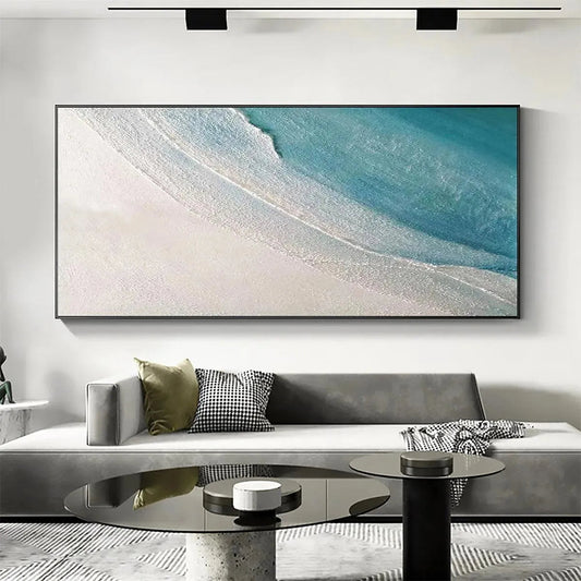 Azure Shores hand-painted white, azure blue and ocean blue textured coastal landscape painting shown as stretched canvas