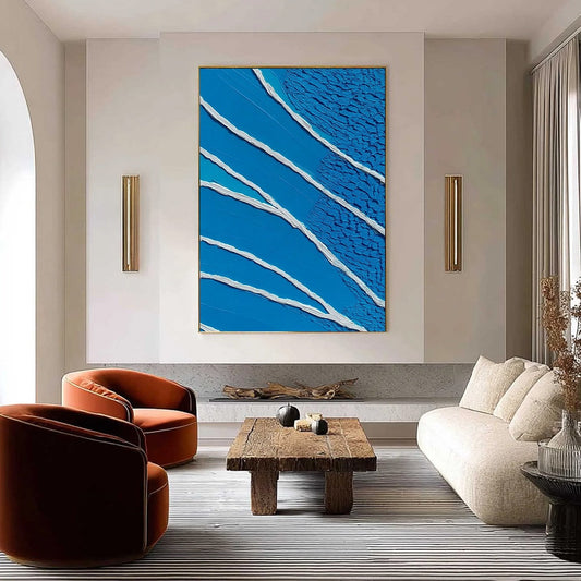Azure Current hand-painted white, azure blue and ocean blue textured coastal abstract painting shown as stretched canvas