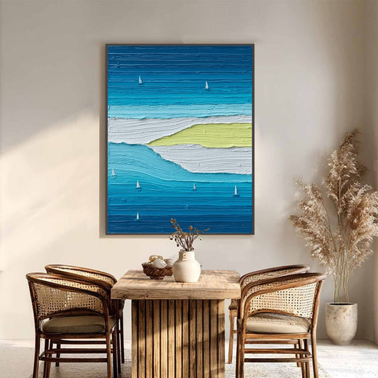 Azure Horizon hand-painted white, azure blue, ocean blue and yellow textured sailboat seascape painting shown as stretched canvas