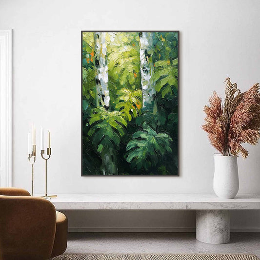 Birchwood Whispers hand-painted crimson, golden yellow, turquoise and violet textured forest landscape painting shown as stretched canvas