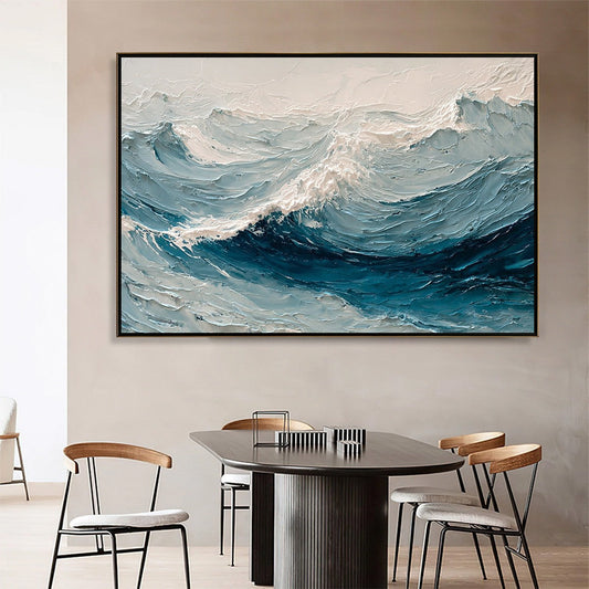 Celtic Surge hand-painted white and soft beige textured ocean wave painting shown as stretched canvas