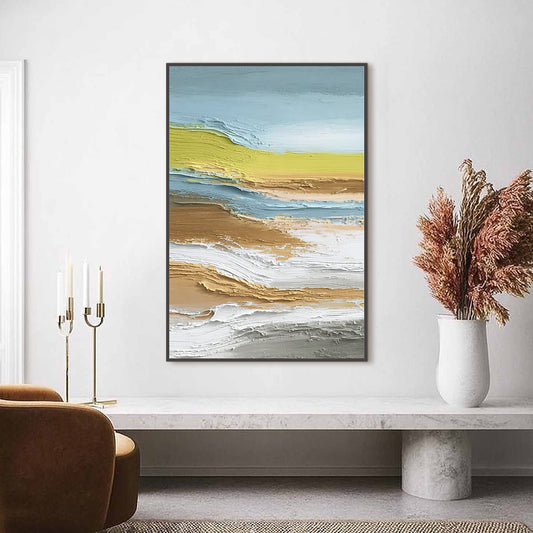 Coastal Drift hand-painted sand, gold and yellow textured coastal landscape painting shown as stretched canvas